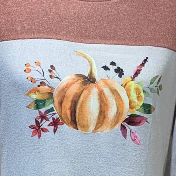 Hand Printed Small Upcycled Pumpkin Autumn Fall Flower Long Sleeve Sweater - Picture 2 of 3